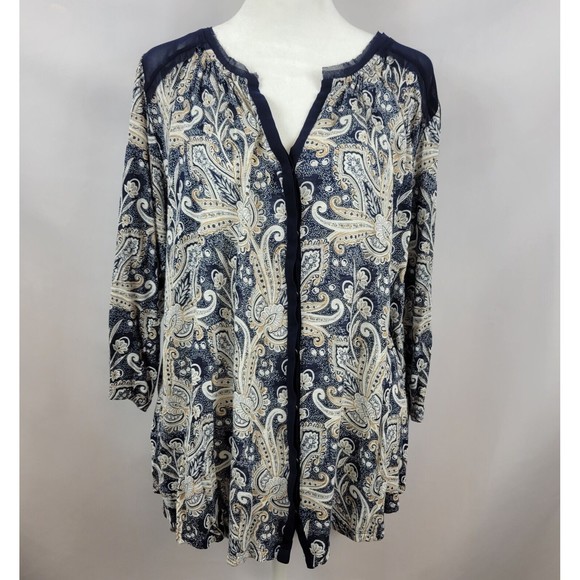 Lucky Brand Tops - Lucky Brand Womens Blouse Top Blue And White Size 1X Blue Mesh Hi-Lo Buttons